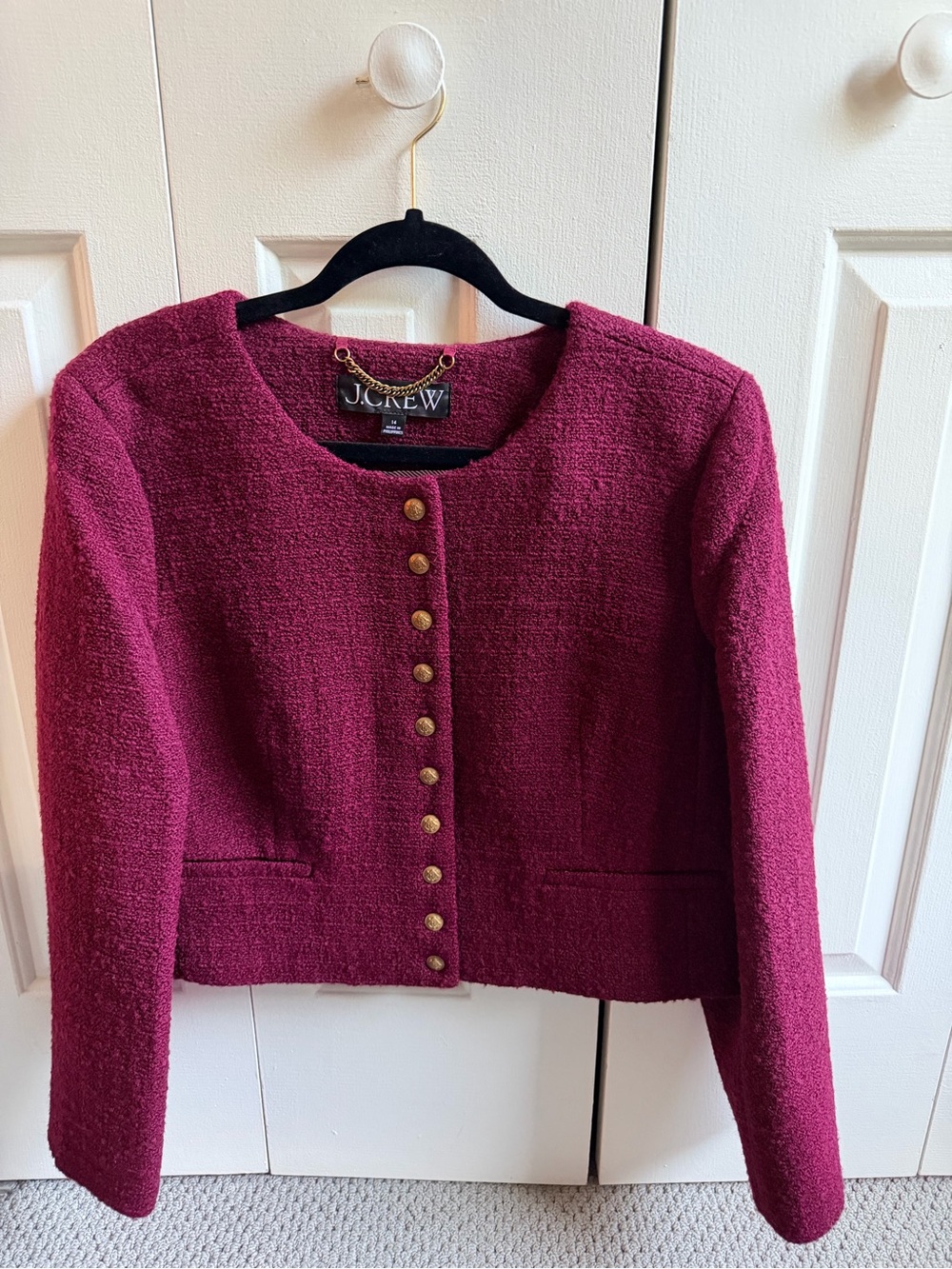 J. Crew Raspberry Tweed Cropped Blazer